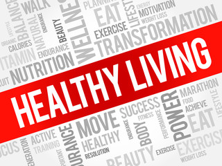 Healthy Living word cloud background, health concept