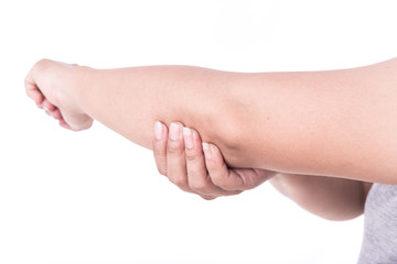 Close up woman's hand holding her elbow isolated on white. Elbow