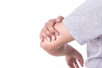 Close up woman's hand holding her elbow isolated on white. Elbow