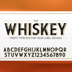 Vintage Label Font with decorative shadow. Retro whiskey fine label alphabet with decorative elements