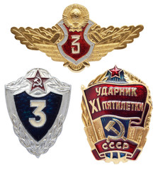 Soviet military and labor icon set. The best worker of XI five-y