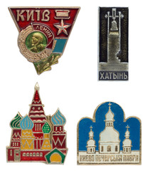 Old Soviet towns geographic icon set. Kiev town hero. Lenin orde