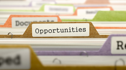 Opportunities - Folder Register Name in Directory. Colored, Blurred Image. Closeup View. 3D Render.