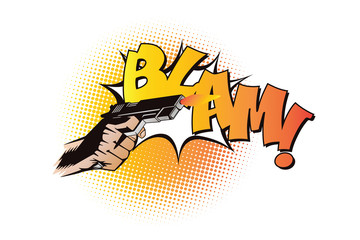 Stock illustration. Hands of people in the style of pop art and old comics. Weapon in hand. © Alexandr Sidorov