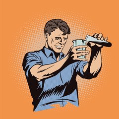 People in retro style pop art and vintage advertising. Man doing chemical experiments.