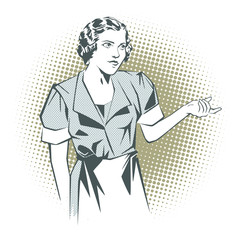 Stock illustration. People in retro style pop art and vintage advertising. Girl waitress.