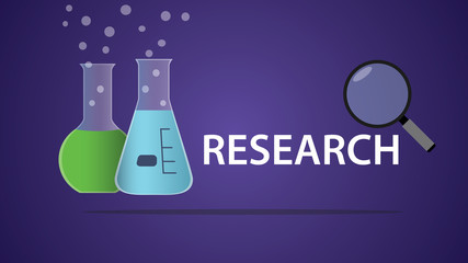 research illustration with lab tools and magnifying glass