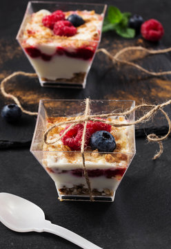 glass dessert with yogurt cream and red fruits