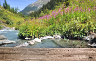 Obraz na płótnie Canvas pont en planches bordant un paysage de montagne en été
