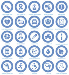 Diabetes medical icons with blue circle set