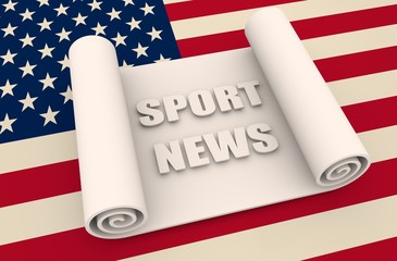Paper scroll  on background textured by USA flag. Abstract document 3D illustration. Sport news text