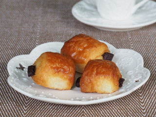 Fresh Homemade Of French Chocolate Bread Or Chocolatines On White Plate