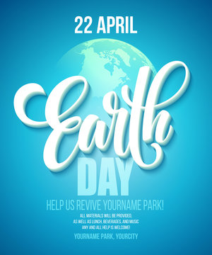 Earth Day poster. Vector illustration with the Earth day lettering, planets and green leaves