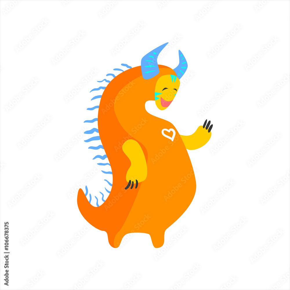 Poster Orange Fat Childish Monster With Blue Horns