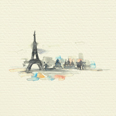 Paris city painted with splashes of watercolor drops. Watercolor illustration on paper background