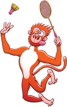 Athletic red monkey with long tail and bulging eyes while grabbing a racket, staring at the shuttlecock and preparing for a vigorous vertical jump smash in a badminton match