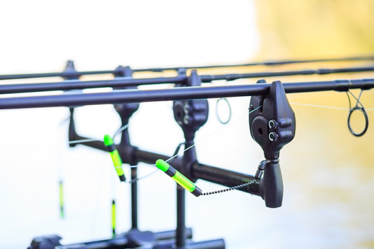 Carp fishing rods set up on holder with electric trigger