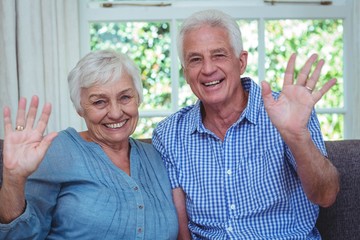 Portrait of happy senior couple waving hand 