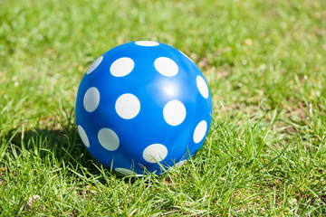Blue dotted ball on green grass
