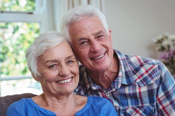 Happy loving senior couple on sofa