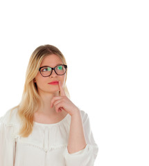 Blonde girl with black glasses
