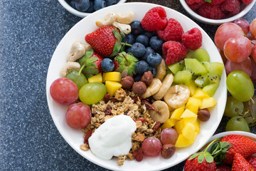 foods for a healthy breakfast - fresh berries, fruits, nuts 
