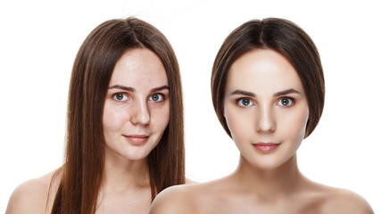Beautiful young brunette model before and after make-up applying. Comparison portrait. Two faces of model girl face with and without makeup. Isolated on white. Space for text. Ideal for commercial - 106683541