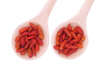 dried chili in wooden spoons isolated on white background