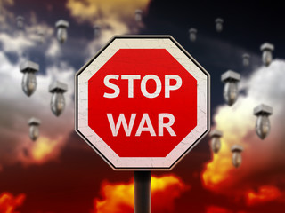 Stop war sign. Dark sky with falling rocket bombs background