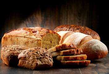 Composition with variety of baking products on wooden table