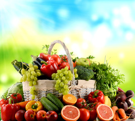 Variety of organic vegetables and fruits in wicker basket