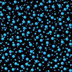 Blue bubble seamless background. Blue cyan bubbles balls with highlights and flecks on black background as aqua liquid or boiling water or pearly jewel beads (design element or pattern for decoration)