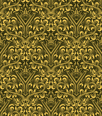 Damask seamless pattern repeating background. Gold olive floral ornament with Y letter and crown in baroque style. Antique golden repeatable wallpaper.