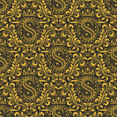 Damask seamless pattern repeating background. Gold black floral ornament with S letter and crown in baroque style. Antique golden repeatable wallpaper.