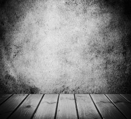 interior with an old wall and wooden floor