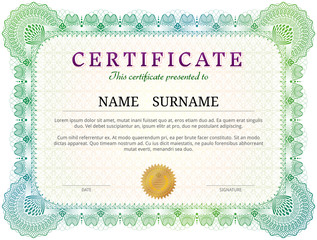 Certificate template with guilloche elements. Green diploma border design for personal conferment. Vector layout for award, patent, validation, licence, education, authentication, achievement, etc