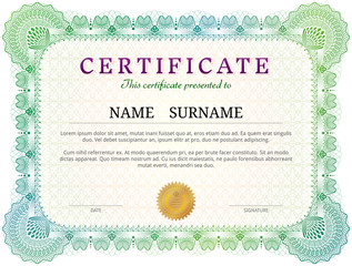 Certificate template with guilloche elements. Green diploma border design for personal conferment. Vector layout for award, patent, validation, licence, education, authentication, achievement, etc - obrazy, fototapety, plakaty