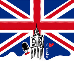 Naklejka na ściany i meble London vector illustration / English flag and The Guardsman / I love London design