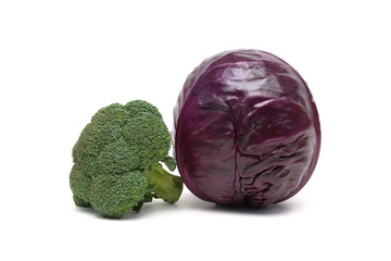 broccoli and red cabbage isolated on white background