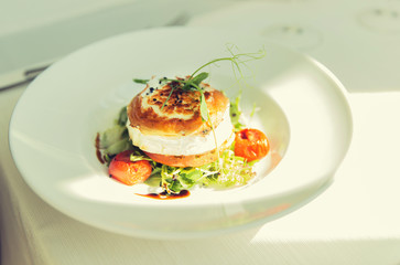 close up of halloumi cheese salad at restaurant