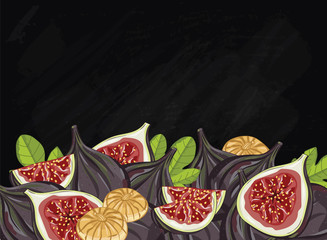 Figs on chalkboard background. Figs composition, plants and leaves. Organic food. Summer fruit. Fruit background for packaging design.