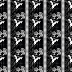 Floral seamless pattern in retro style, cute cartoon flowers black gray background in stripes