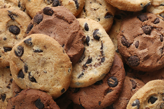 Cookies with chocolate chip assorted. Close up background. Top view