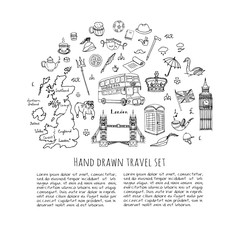 Hand drawn doodle England set Vector illustration United Kingdom icons  Welcome to London elements British symbols collection Bus Horse riding Golf Crown Beer Lion Bulldog London bridge Big Ben Tower