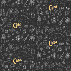 Seamless background Set of hand drawn Cuba icons Cuban sketch illustration Doodle elements Caribbean cartoon elements made in vector Travel to Cuba; background for cards and web pages