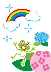 虹　カエルとアジサイ
