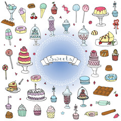 Hand drawn doodle Sweets set Vector illustration Sketchy Sweet food icons collection Isolated desert symbols on white background Cupcake Macaron Chocolate bar Candy Cake Pie Pastry Lollipop Pastry