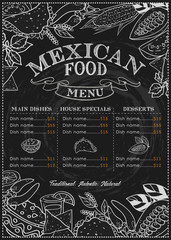 Mexican food background restaurant menu with traditional spicy dish. meal and chalkboard vector illustration, tacos, burrito, tequila, guacamole, salsa. hand drawn label elements