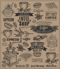 Set Of Vintage Retro Coffee Labels On Chalkboard . Dessert cake, cupcake, chocolate decoration collection of calligraphic and typographic element styled design, frame, objects. Vector
