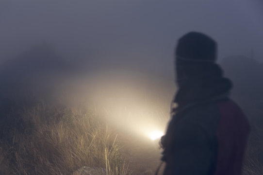 Abstract man portrait lantern in the fog